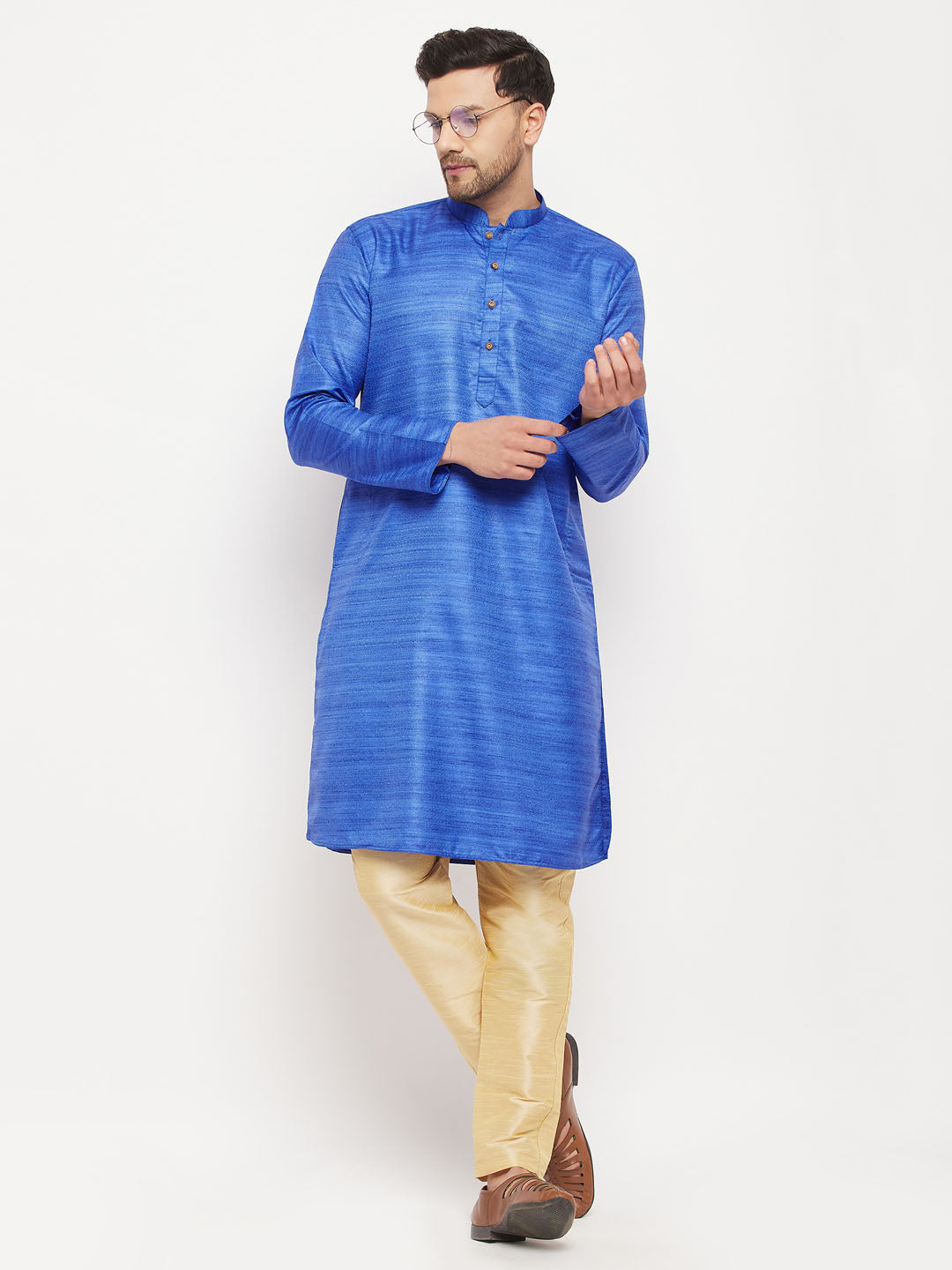 VM BY VASTRAMAY Men's Blue Matka Silk Kurta and Gold Pant Style Pyjama Set