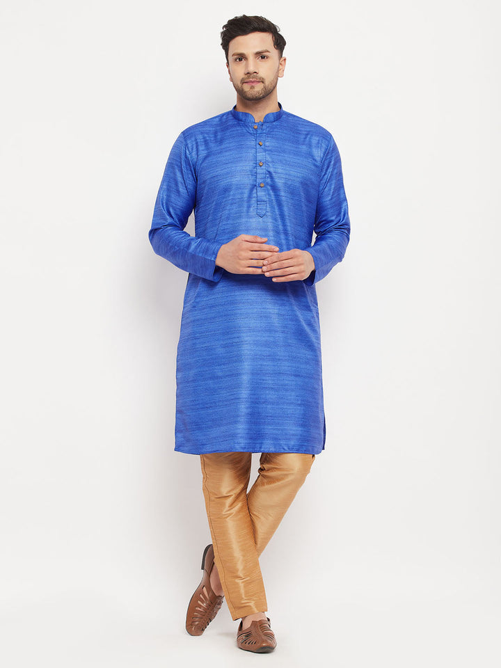 VM BY VASTRAMAY Men's Blue Matka Silk Kurta and Rose Gold Pant Style Pyjama Set