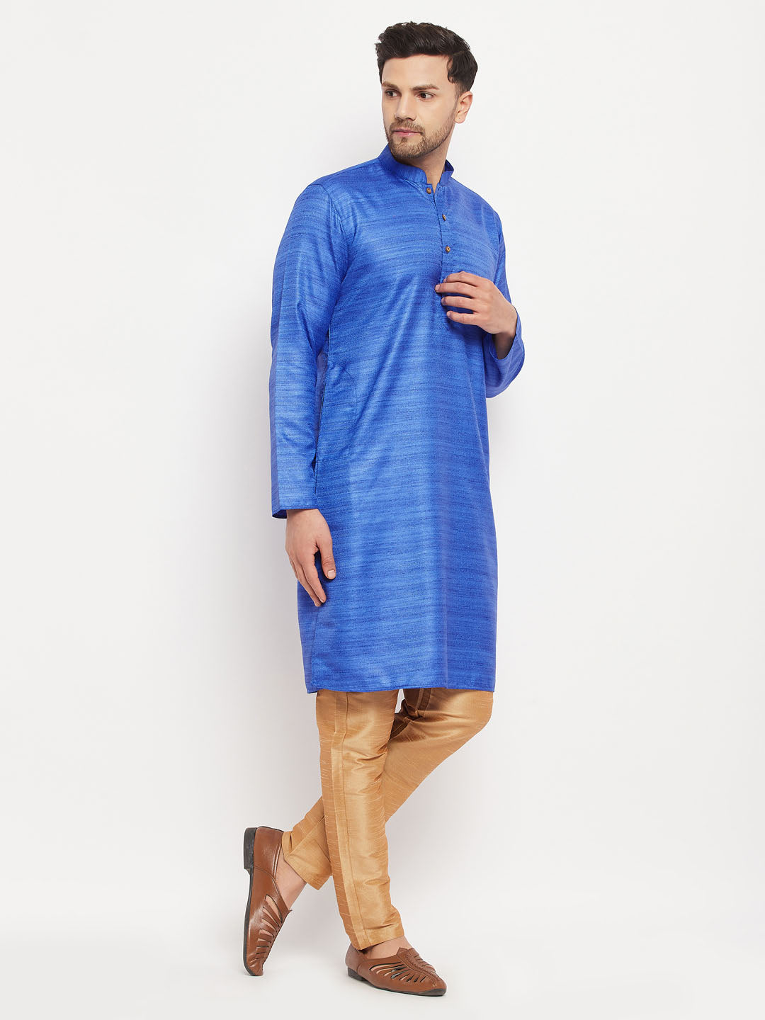 VM BY VASTRAMAY Men's Blue Matka Silk Kurta and Rose Gold Pant Style Pyjama Set