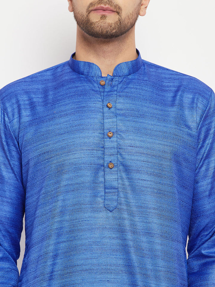 VM BY VASTRAMAY Men's Blue Matka Silk Kurta and Rose Gold Pant Style Pyjama Set