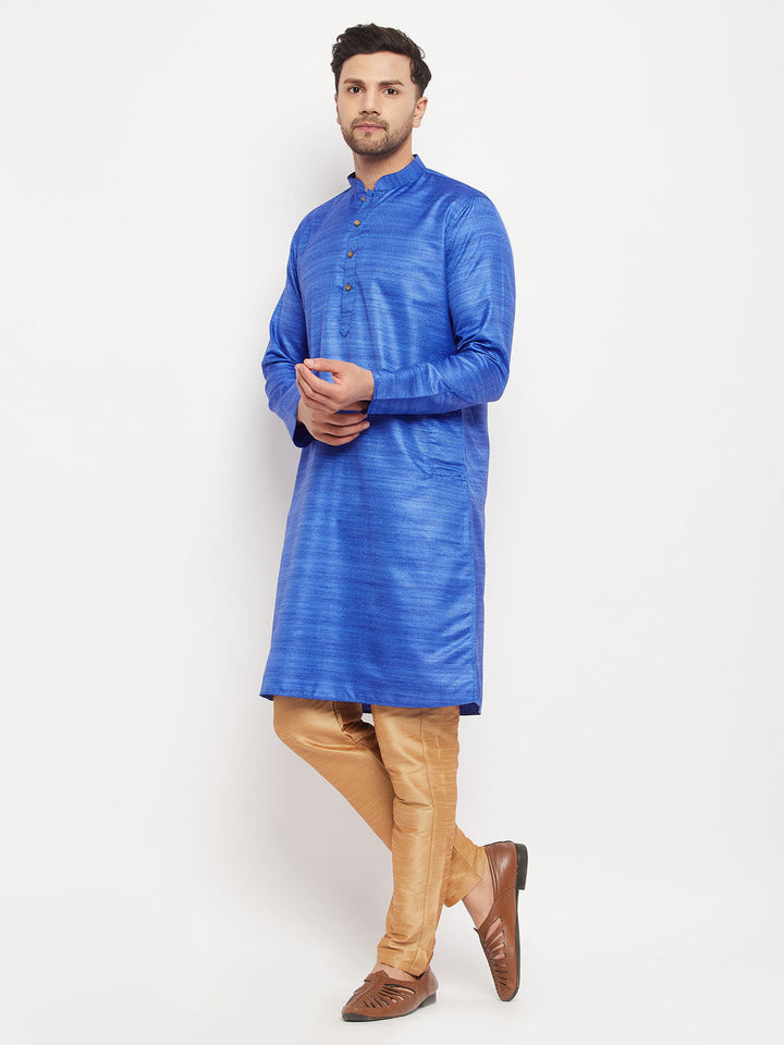 VM BY VASTRAMAY Men's Blue Matka Silk Kurta and Rose Gold Pant Style Pyjama Set