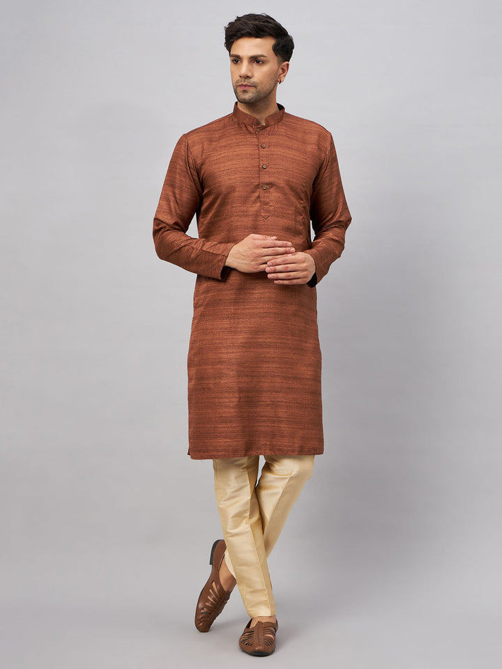 Sophisticated VM BY VASTRAMAY Men's Coffee Kurta And Gold Pant Set for Religious Ceremonies