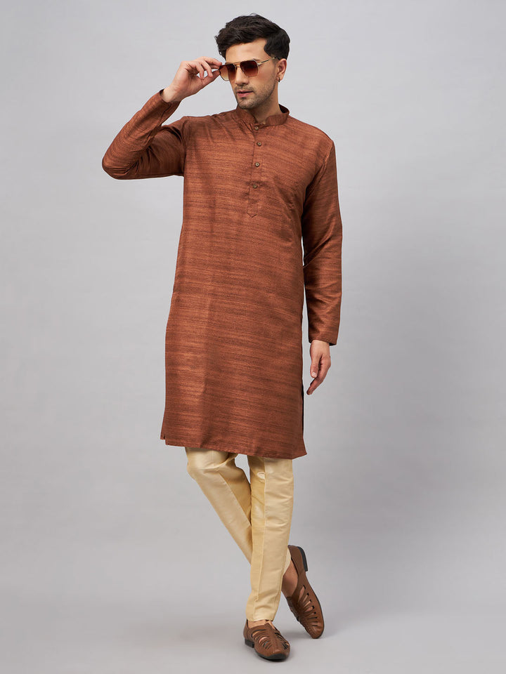 Fashionable VM BY VASTRAMAY Men's Coffee Kurta And Gold Pant Set for Cultural Gatherings