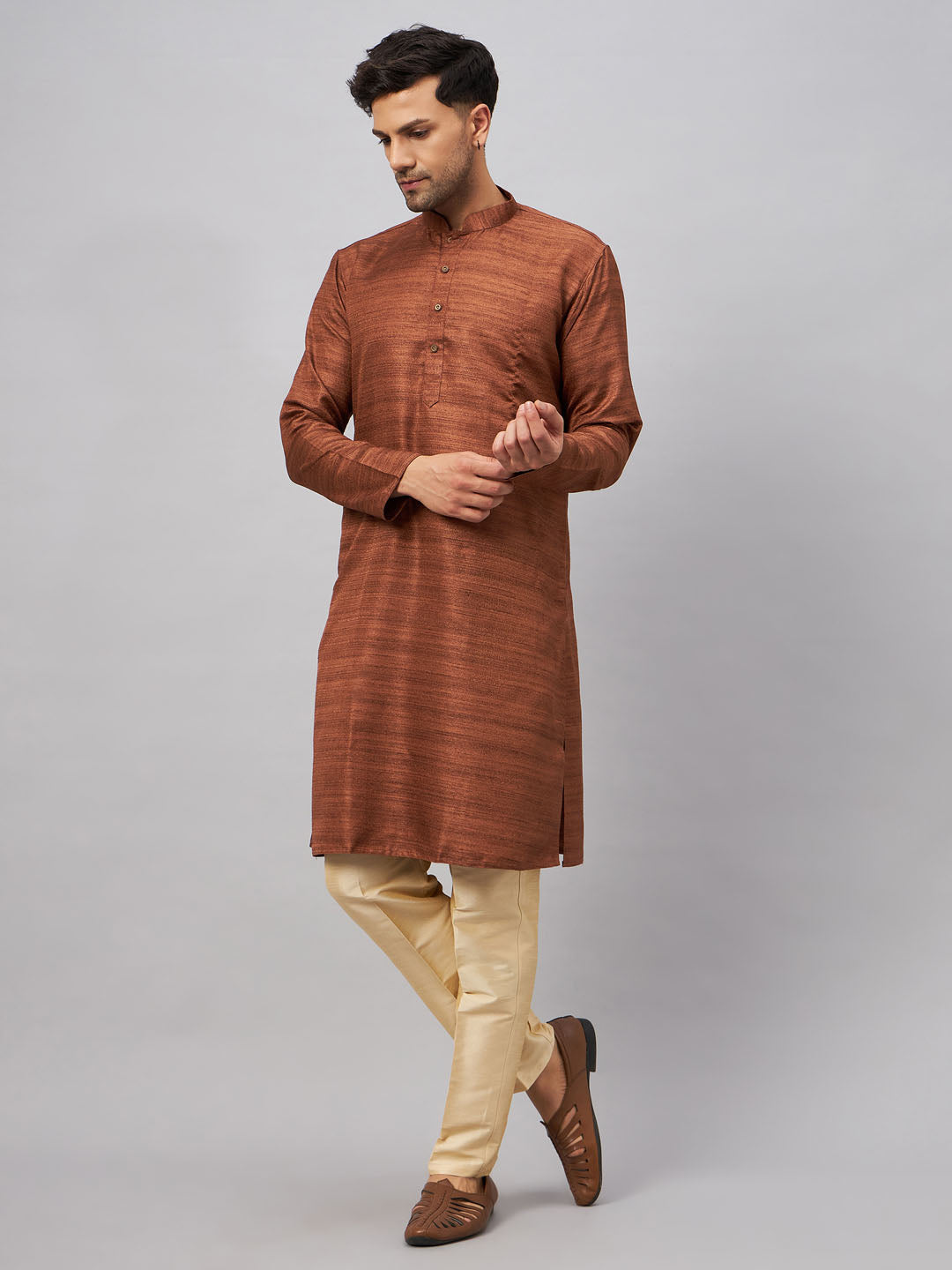 Classic VM BY VASTRAMAY Men's Coffee Kurta And Gold Pant Set for Wedding Functions