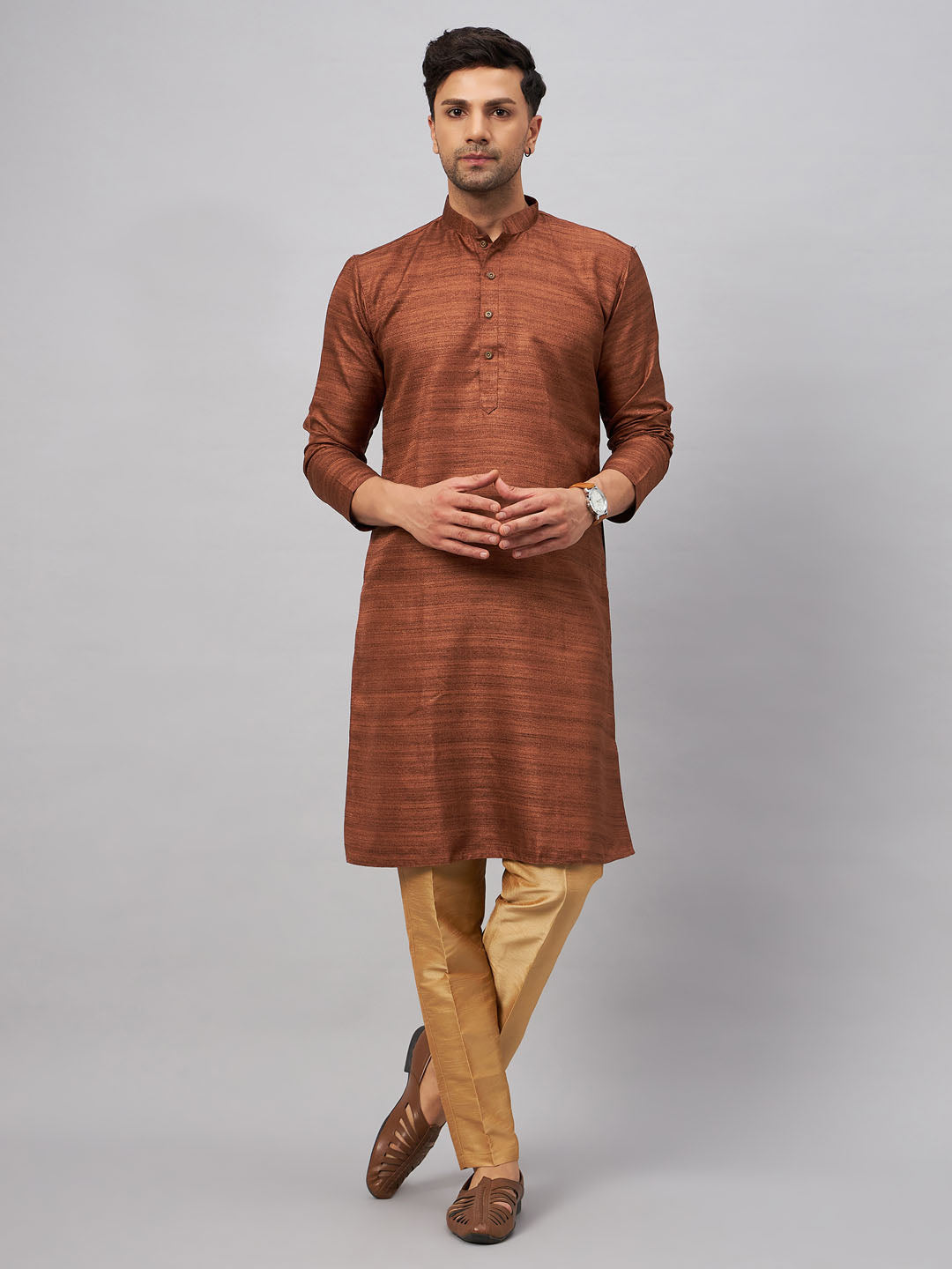 Trendy VM BY VASTRAMAY Men's Coffee Kurta And Rose Gold Pant Set for cultural events