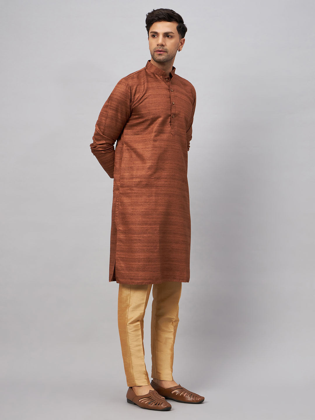 Fashionable VM BY VASTRAMAY Men's Coffee Kurta And Rose Gold Pant Set for traditional celebrations