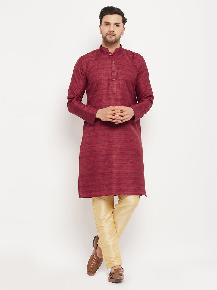 VM BY VASTRAMAY Men's maroon Matka Silk Kurta and Gold Pant Style Pyjama Set