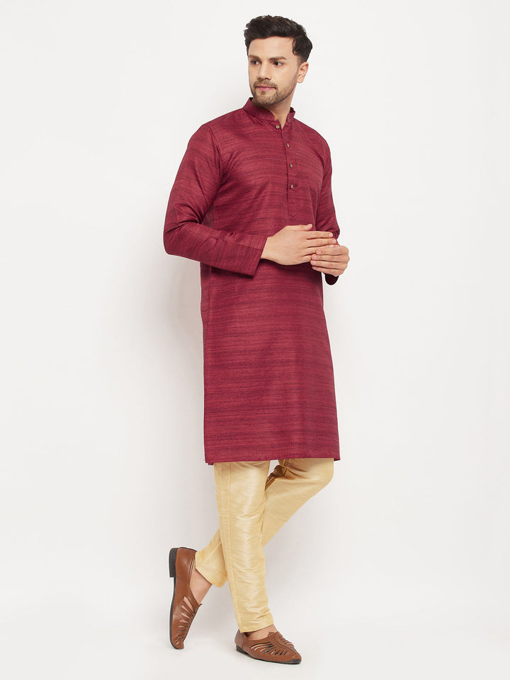 VM BY VASTRAMAY Men's maroon Matka Silk Kurta and Gold Pant Style Pyjama Set