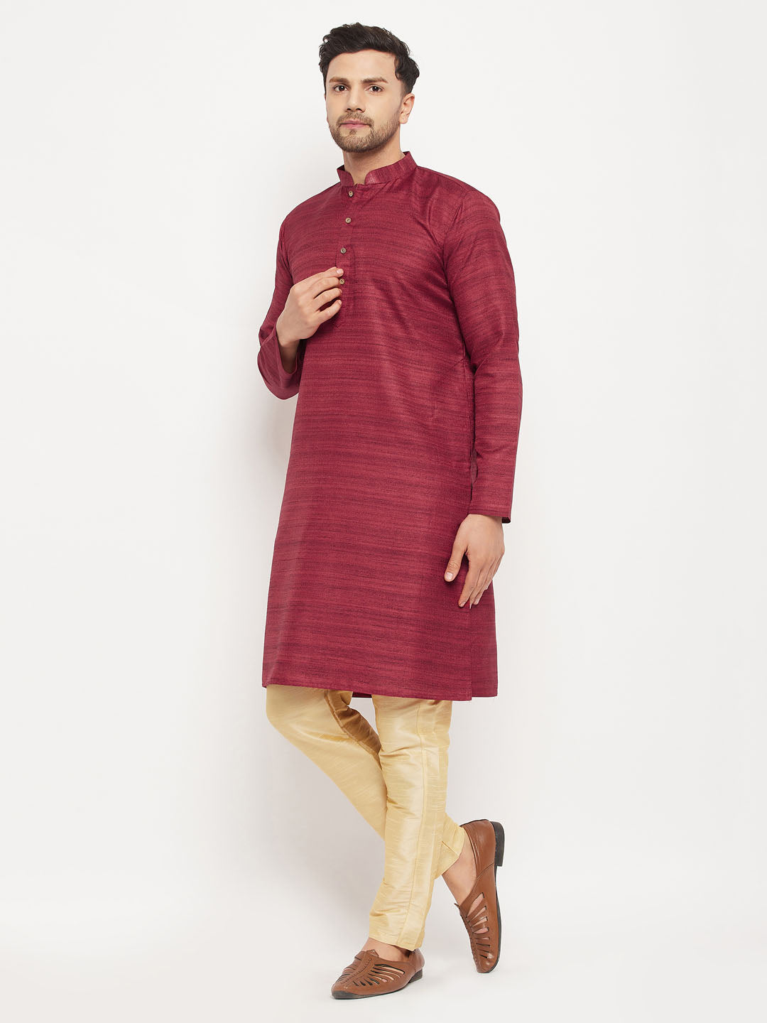 VM BY VASTRAMAY Men's maroon Matka Silk Kurta and Gold Pant Style Pyjama Set