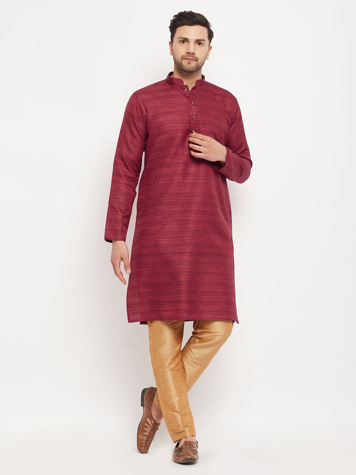 VM BY VASTRAMAY Men's Maroon Matka Silk Kurta and Rose Gold Pant Style Pyjama Set