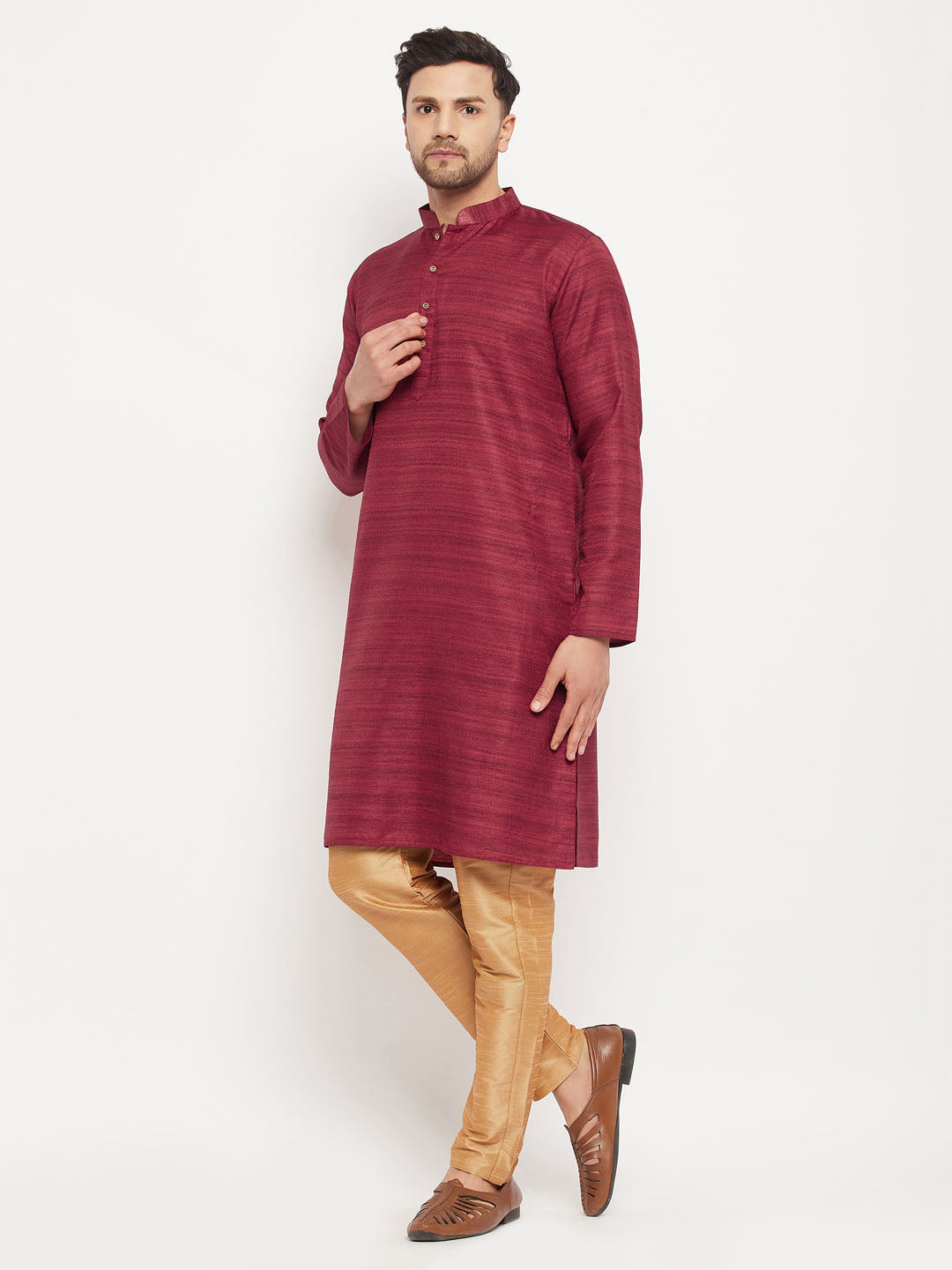 VM BY VASTRAMAY Men's Maroon Matka Silk Kurta and Rose Gold Pant Style Pyjama Set