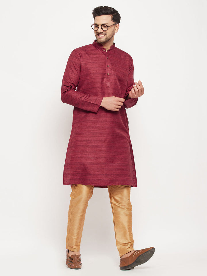 VM BY VASTRAMAY Men's Maroon Matka Silk Kurta and Rose Gold Pant Style Pyjama Set