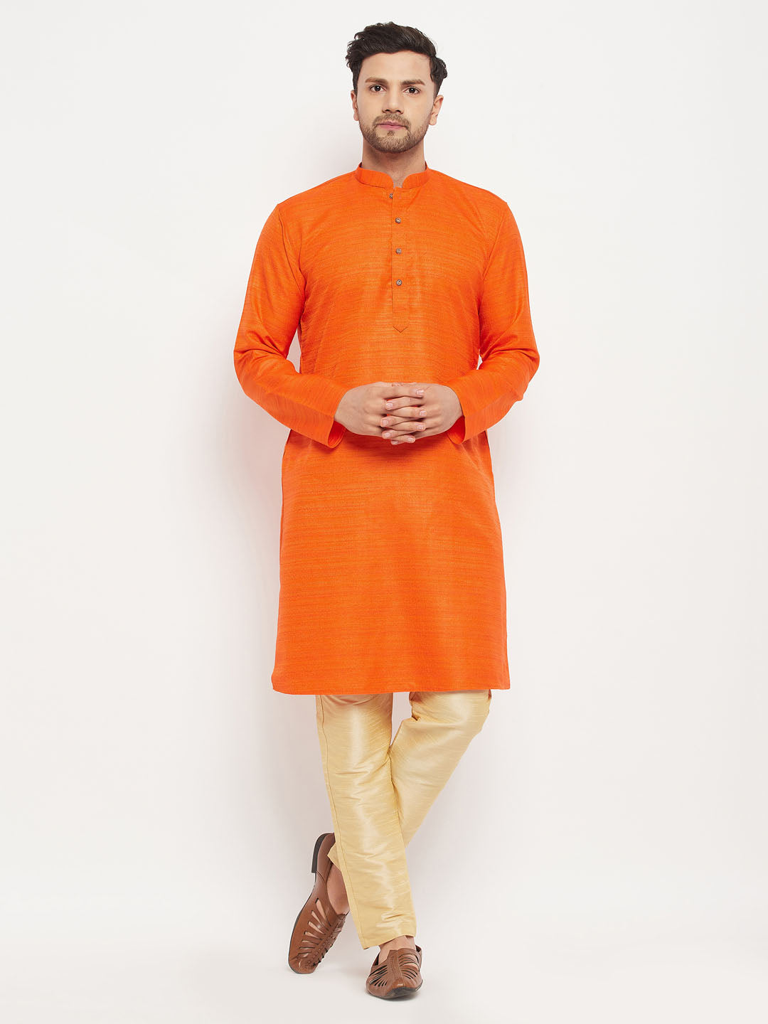 VM BY VASTRAMAY Men's Orange Matka Silk Kurta and Gold Pant Style Pyjama Set