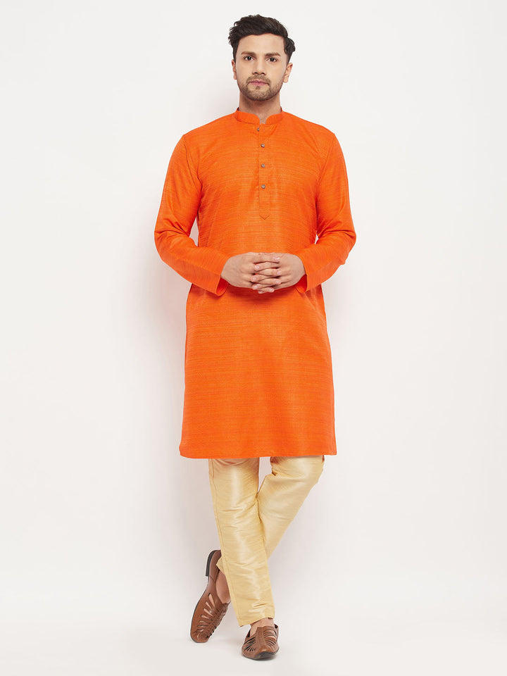 VM BY VASTRAMAY Men's Orange Matka Silk Kurta and Gold Pant Style Pyjama Set