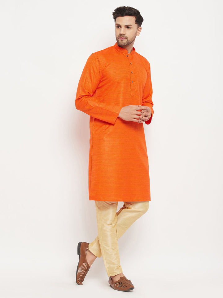 VM BY VASTRAMAY Men's Orange Matka Silk Kurta and Gold Pant Style Pyjama Set