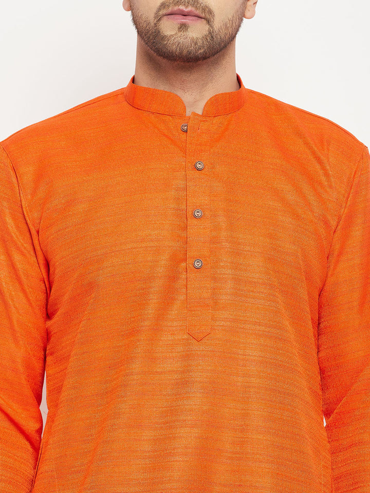 VM BY VASTRAMAY Men's Orange Matka Silk Kurta and Gold Pant Style Pyjama Set