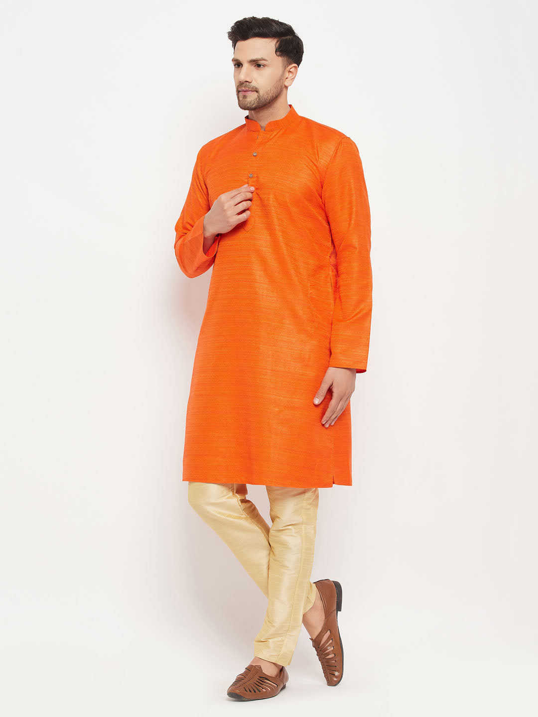 VM BY VASTRAMAY Men's Orange Matka Silk Kurta and Gold Pant Style Pyjama Set