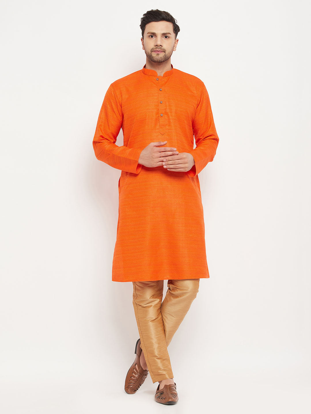 VM BY VASTRAMAY Men's Orange Matka Silk Kurta and Rose Gold Pant Style Pyjama Set