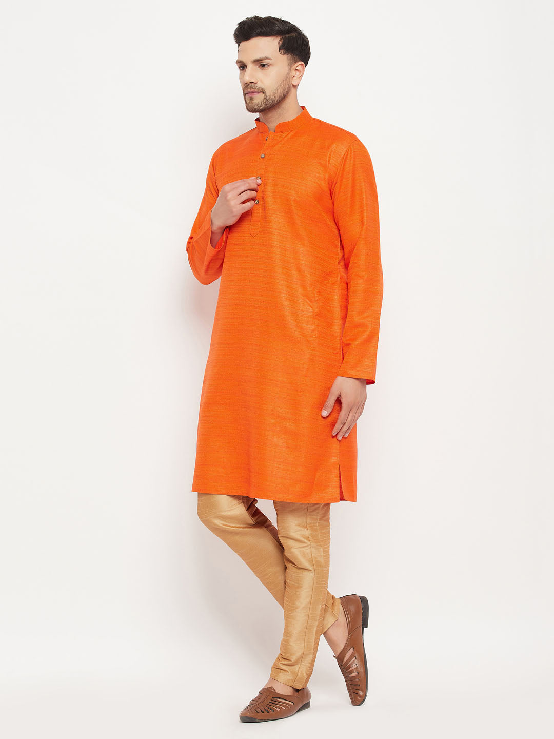 VM BY VASTRAMAY Men's Orange Matka Silk Kurta and Rose Gold Pant Style Pyjama Set