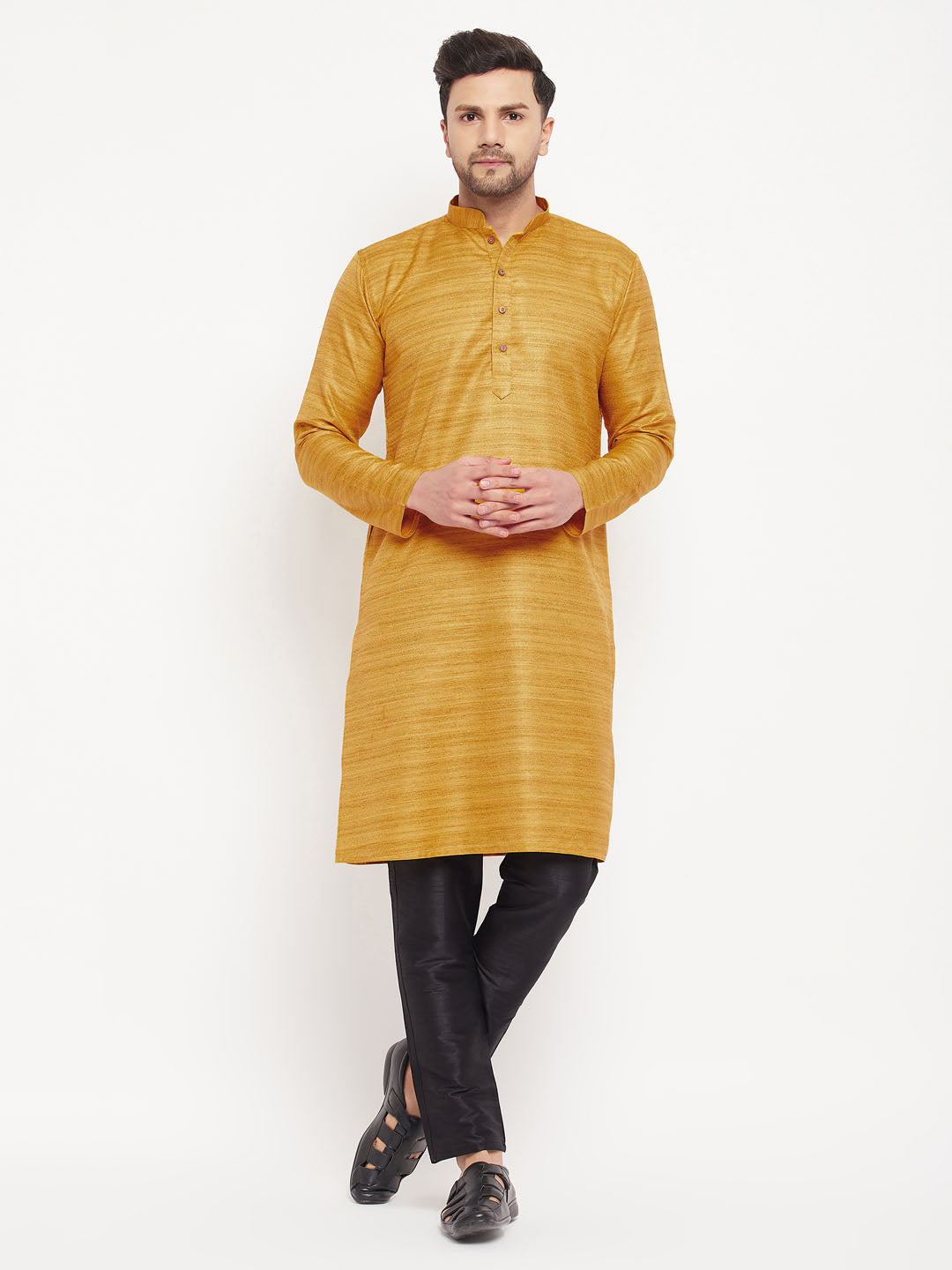 VM BY VASTRAMAY Men's yellow Matka Silk Kurta and Black Pant Style Pyjama Set