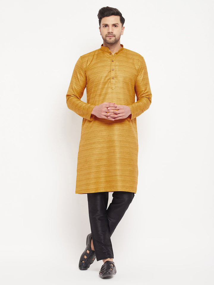 VM BY VASTRAMAY Men's yellow Matka Silk Kurta and Black Pant Style Pyjama Set