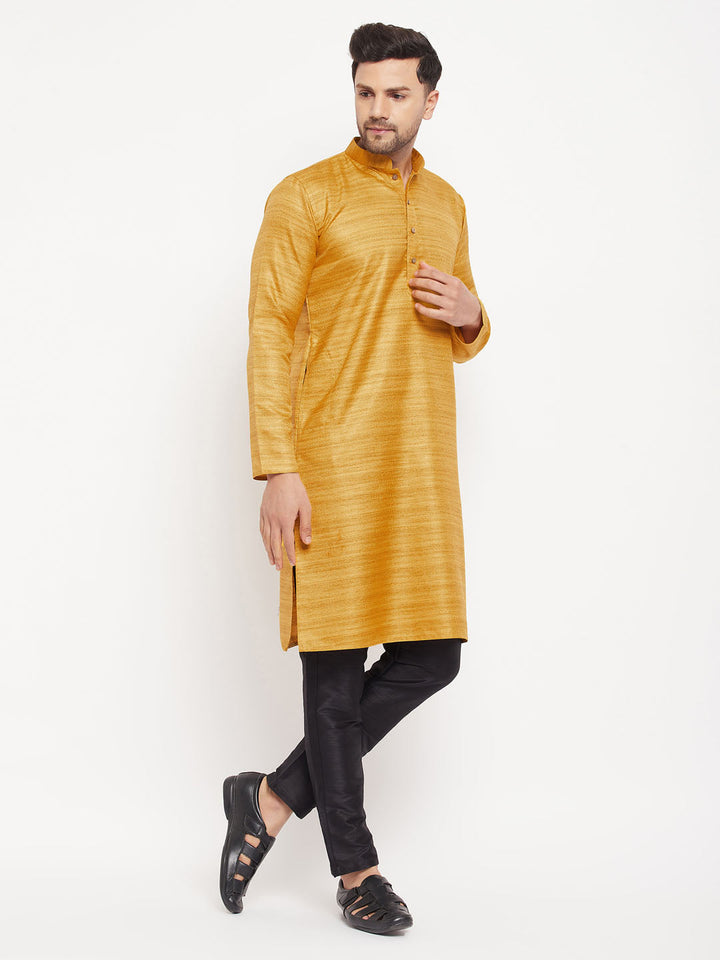 VM BY VASTRAMAY Men's yellow Matka Silk Kurta and Black Pant Style Pyjama Set