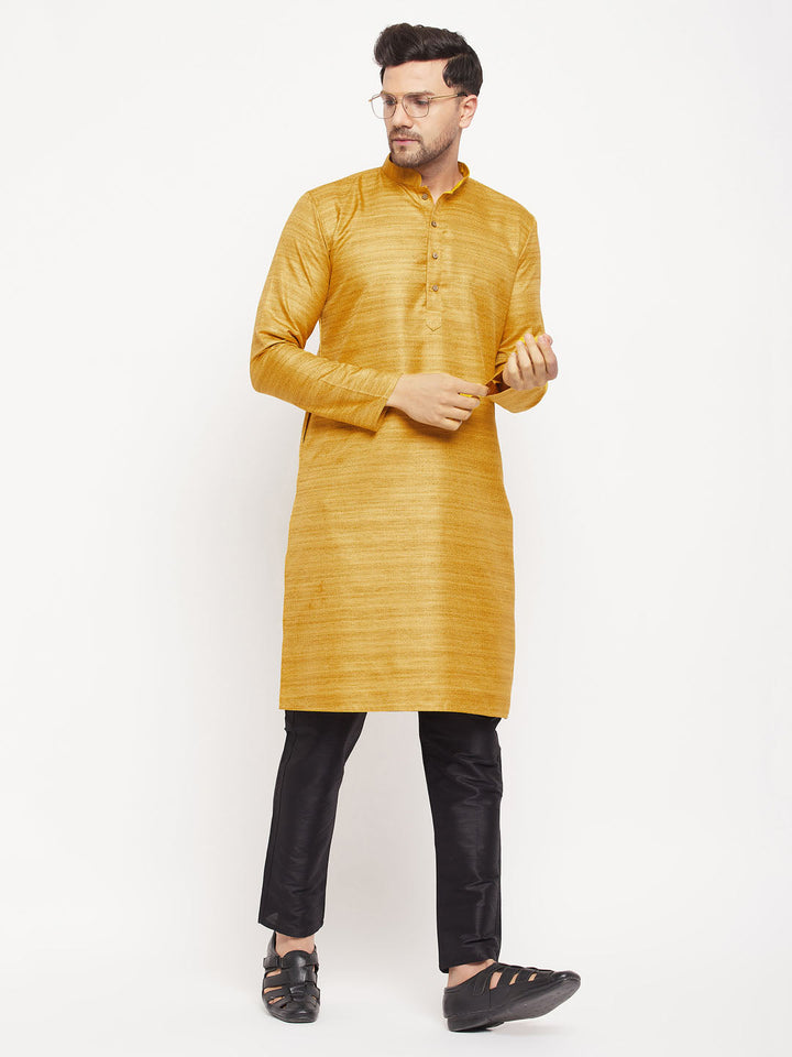 VM BY VASTRAMAY Men's yellow Matka Silk Kurta and Black Pant Style Pyjama Set