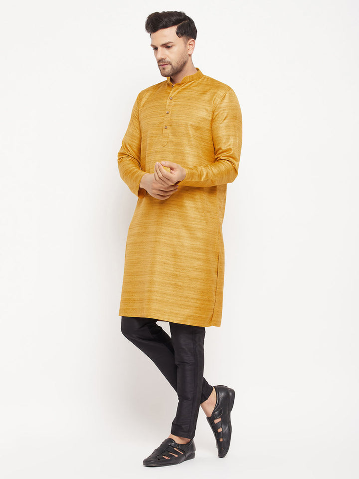 VM BY VASTRAMAY Men's yellow Matka Silk Kurta and Black Pant Style Pyjama Set