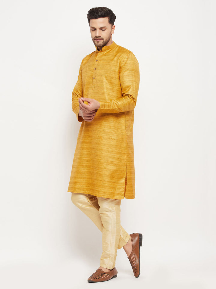 VM BY VASTRAMAY Men's yellow Matka Silk Kurta and Gold Pant Style Pyjama Set