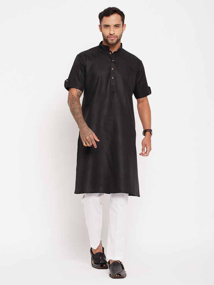 VM By VASTRAMAY Men's Black Solid Kurta with White Pant Style Pyjama Set