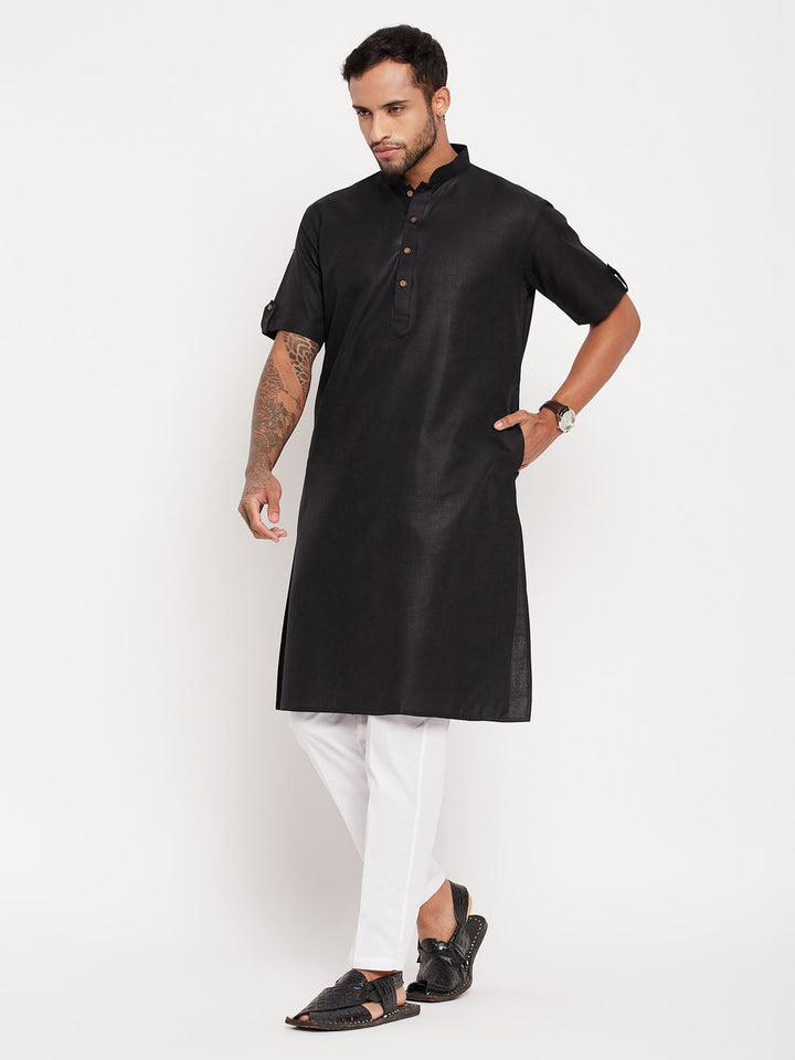 VM By VASTRAMAY Men's Black Solid Kurta with White Pant Style Pyjama Set