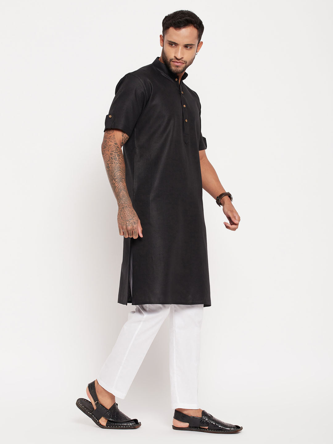 VM By VASTRAMAY Men's Black Solid Kurta with White Pant Style Pyjama Set