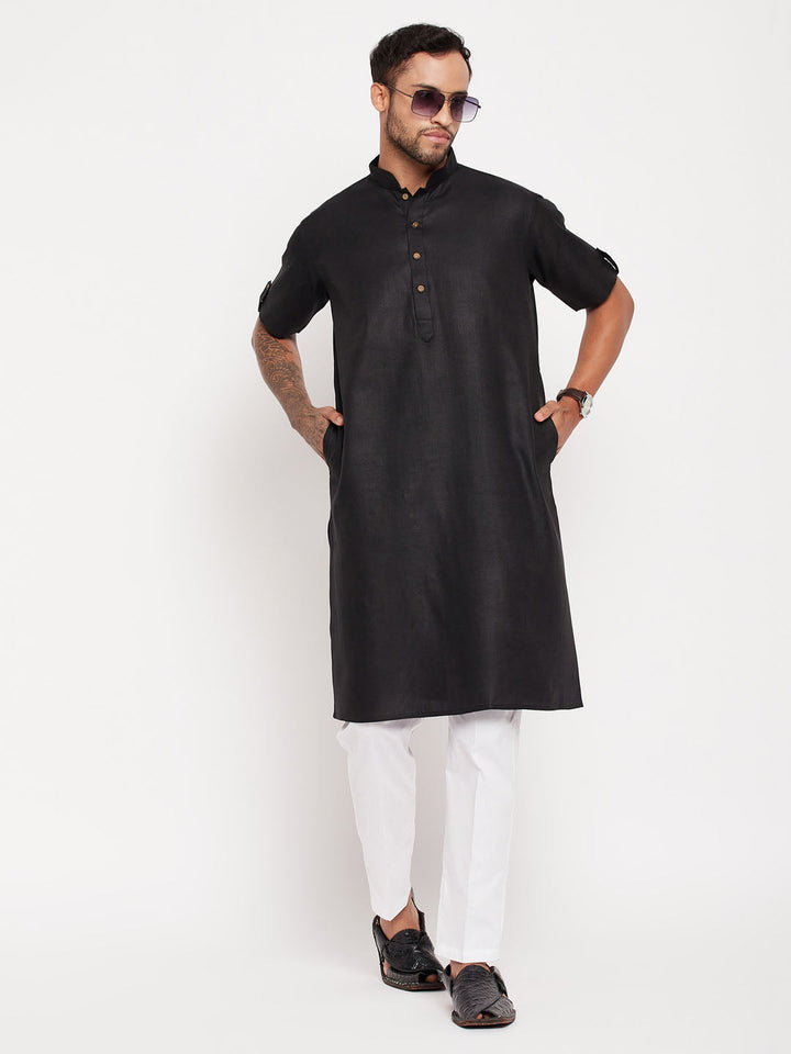 VM By VASTRAMAY Men's Black Solid Kurta with White Pant Style Pyjama Set