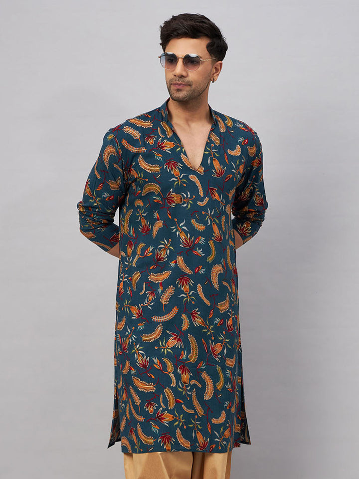 VM BY VASTRAMAY Men's Blue Printed Kurta with Floral Design and Mandarin Collar