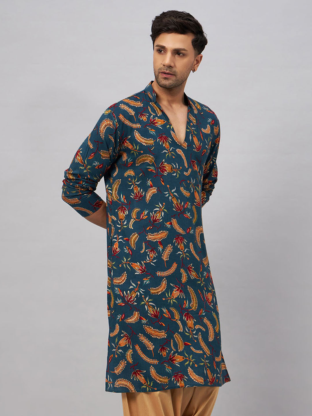  Stylish Men's Blue Kurta with Intricate Print and Button Placket