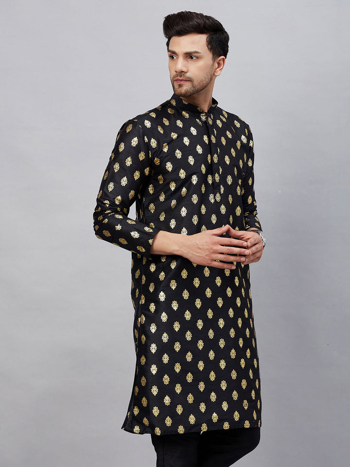 VM By VASTRAMAY Men's Black Foil Print Silk Blend Kurta