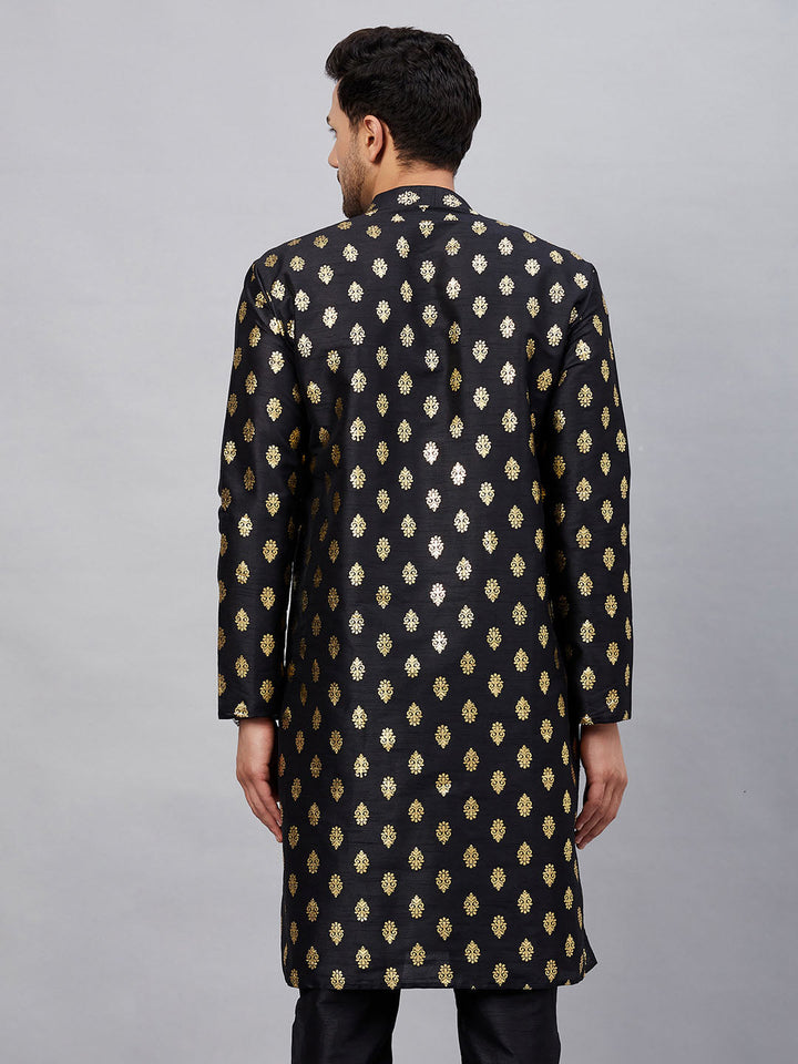 VM By VASTRAMAY Men's Black Foil Print Silk Blend Kurta