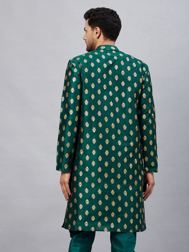 VM By VASTRAMAY Men's Green Foil Print Silk Blend Kurta