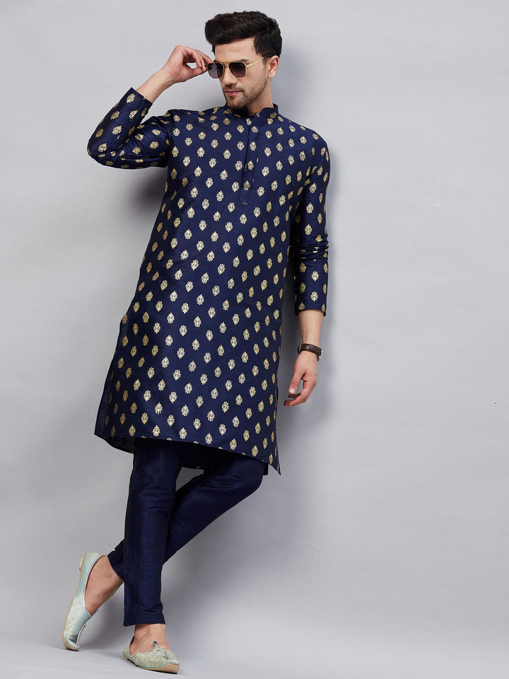 Men's Navy Blue Foil Print Silk Blend Kurta Pant Set for special occasions