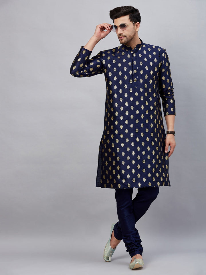 VM By VASTRAMAY Men's Navy Blue Foil Print Silk Blend Kurta - Traditional Indian ethnic wear for men with intricate foil print design