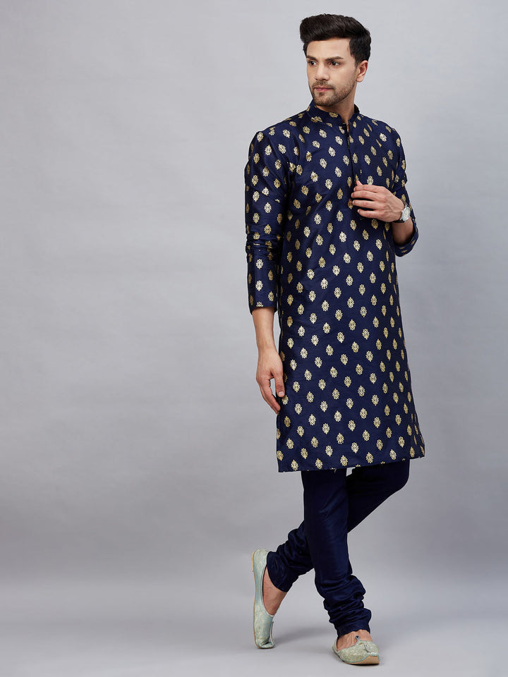 A close-up of VM By VASTRAMAY Men's Navy Blue Foil Print Silk Blend Kurta with intricate detailing and elegant design