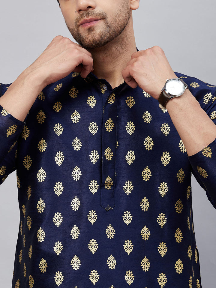 A close-up image of VM By VASTRAMAY Men's Navy Blue Foil Print Silk Blend Kurta, showcasing the intricate foil print design and luxurious silk blend fabric