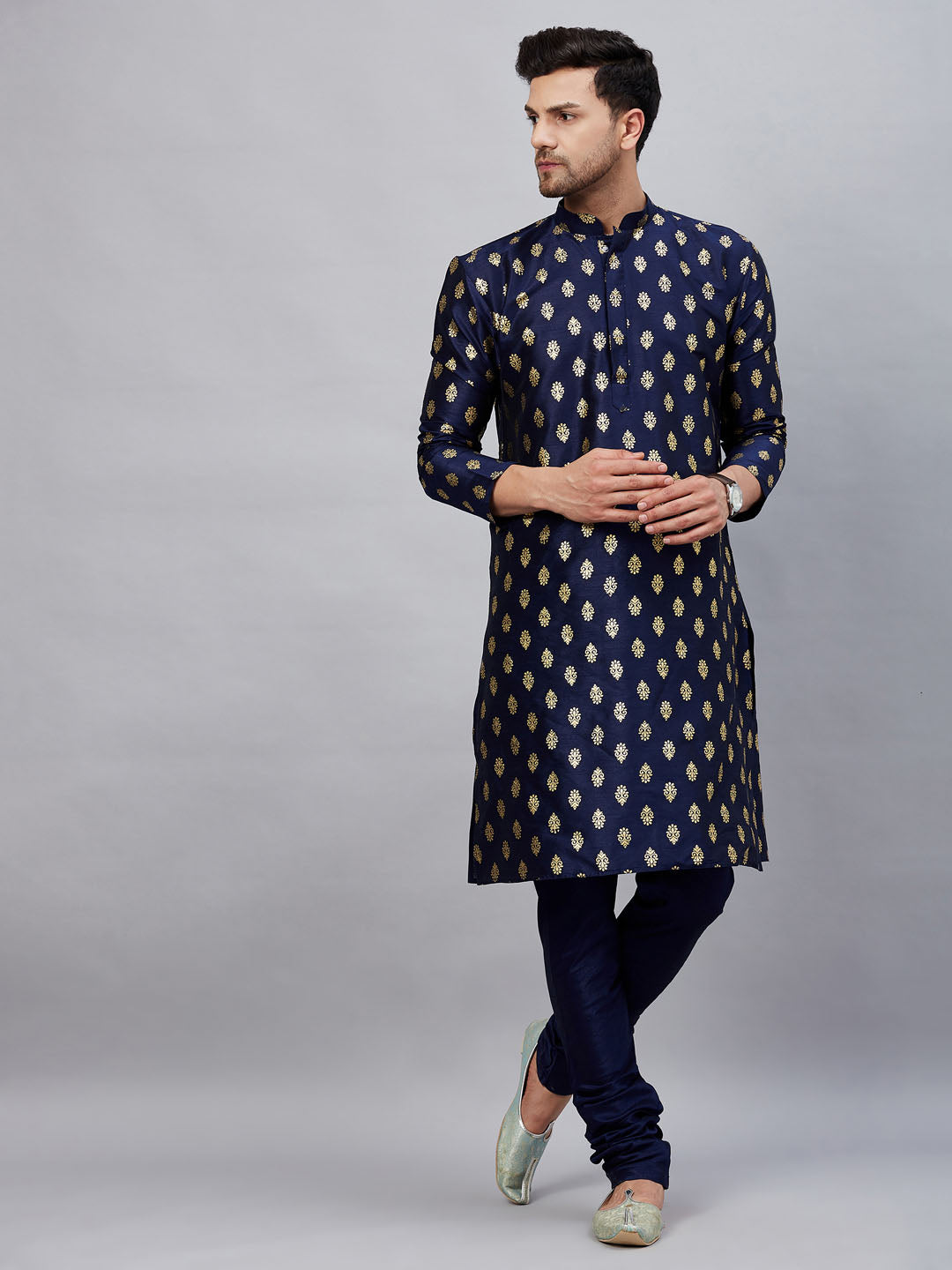 VM By VASTRAMAY Men's Navy Blue Foil Print Silk Blend Kurta showcasing intricate foil print on luxurious silk blend fabric for a stylish and elegant look