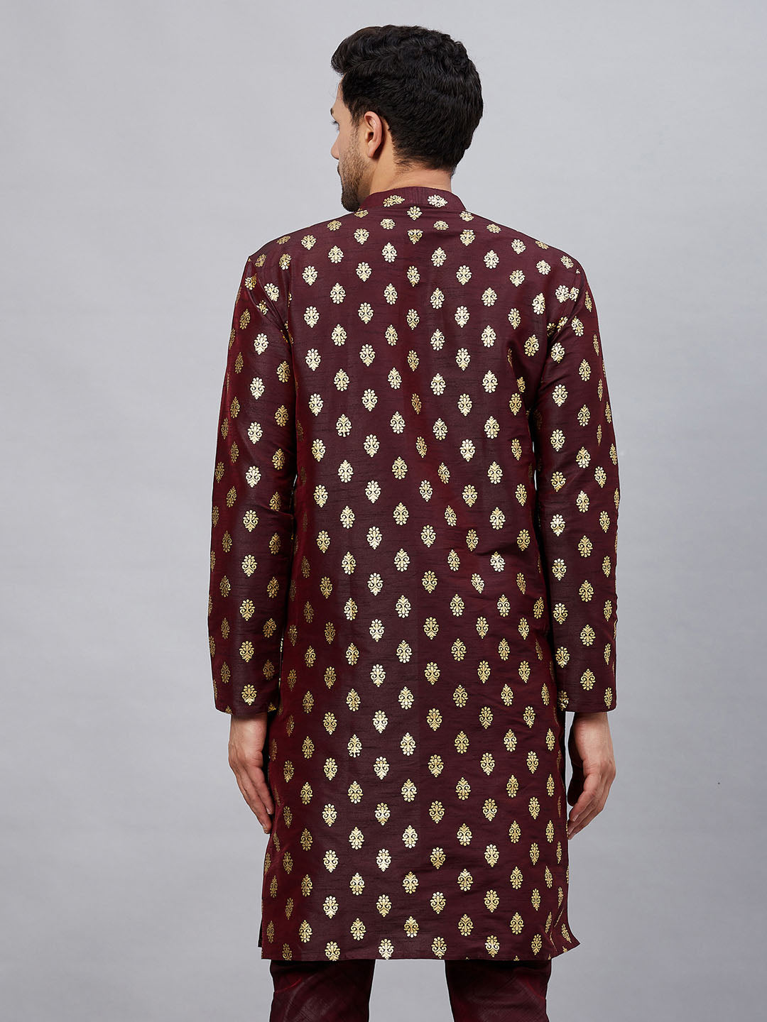 VM By VASTRAMAY Men's Wine Foil Print Silk Blend Kurta