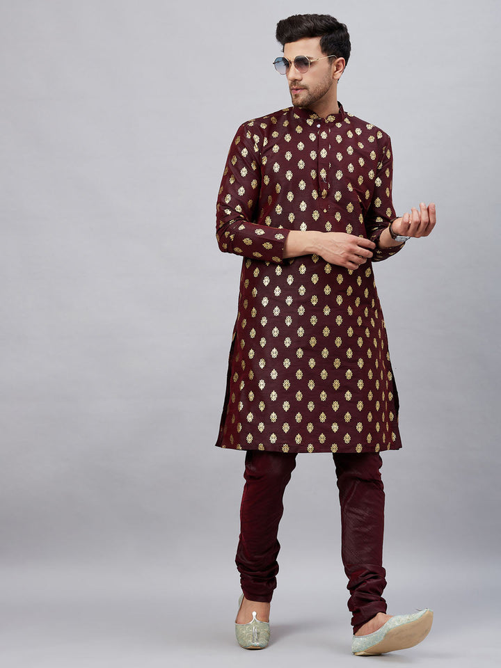 VM By VASTRAMAY Men's Wine Foil Print Silk Blend Kurta Pyjama Set 