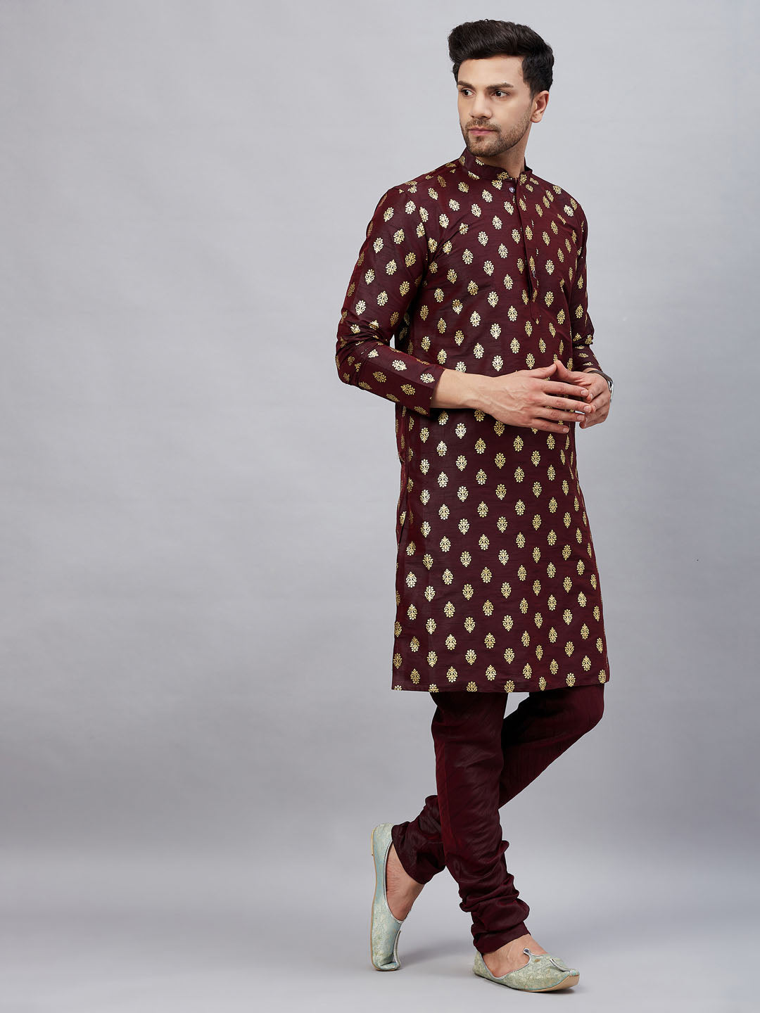  Fancy wine colored kurta pyjama set with detailed foil print for men 