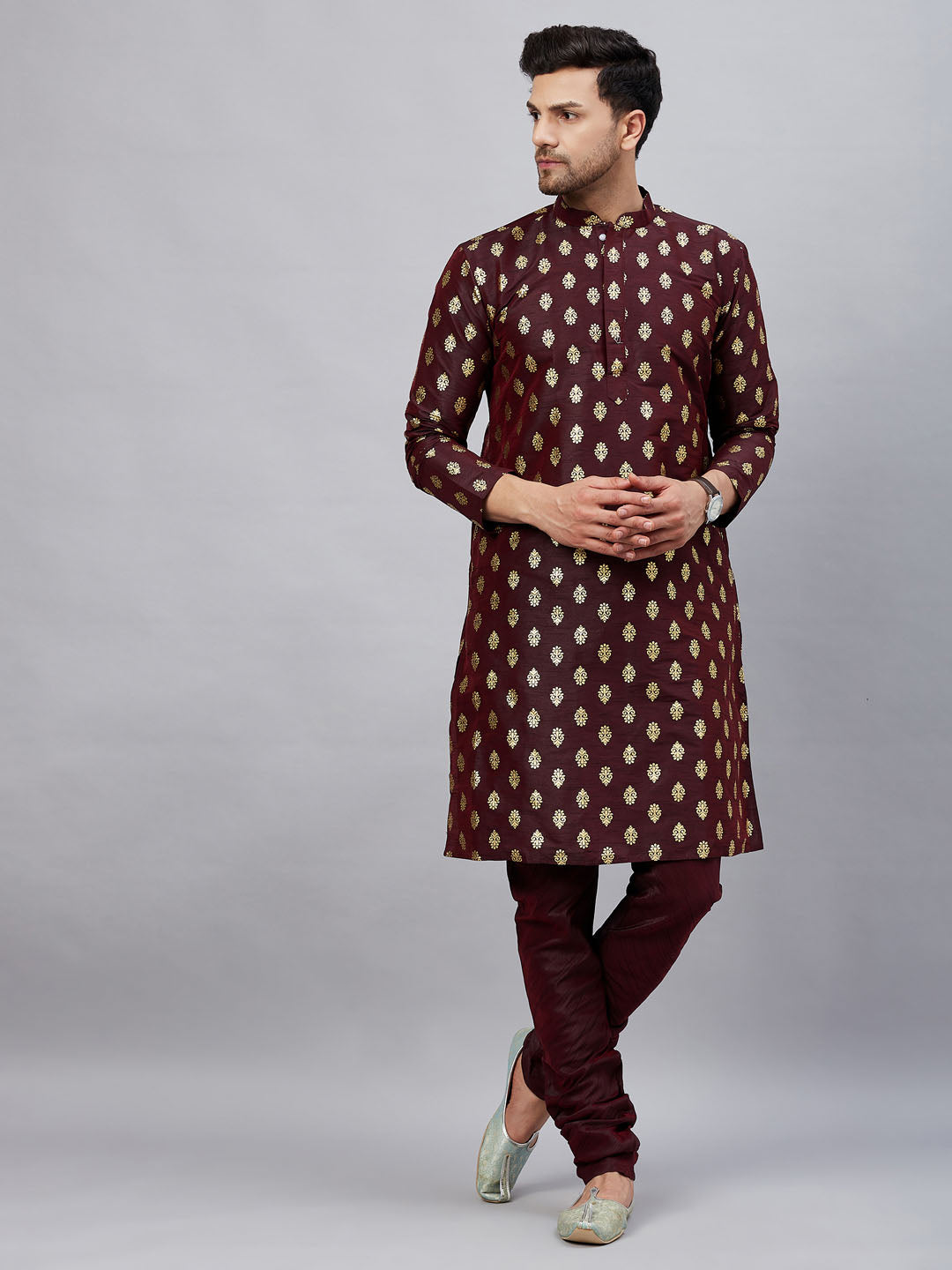 VM By VASTRAMAY Men's Wine Foil Print Silk Blend Kurta Pyjama Set