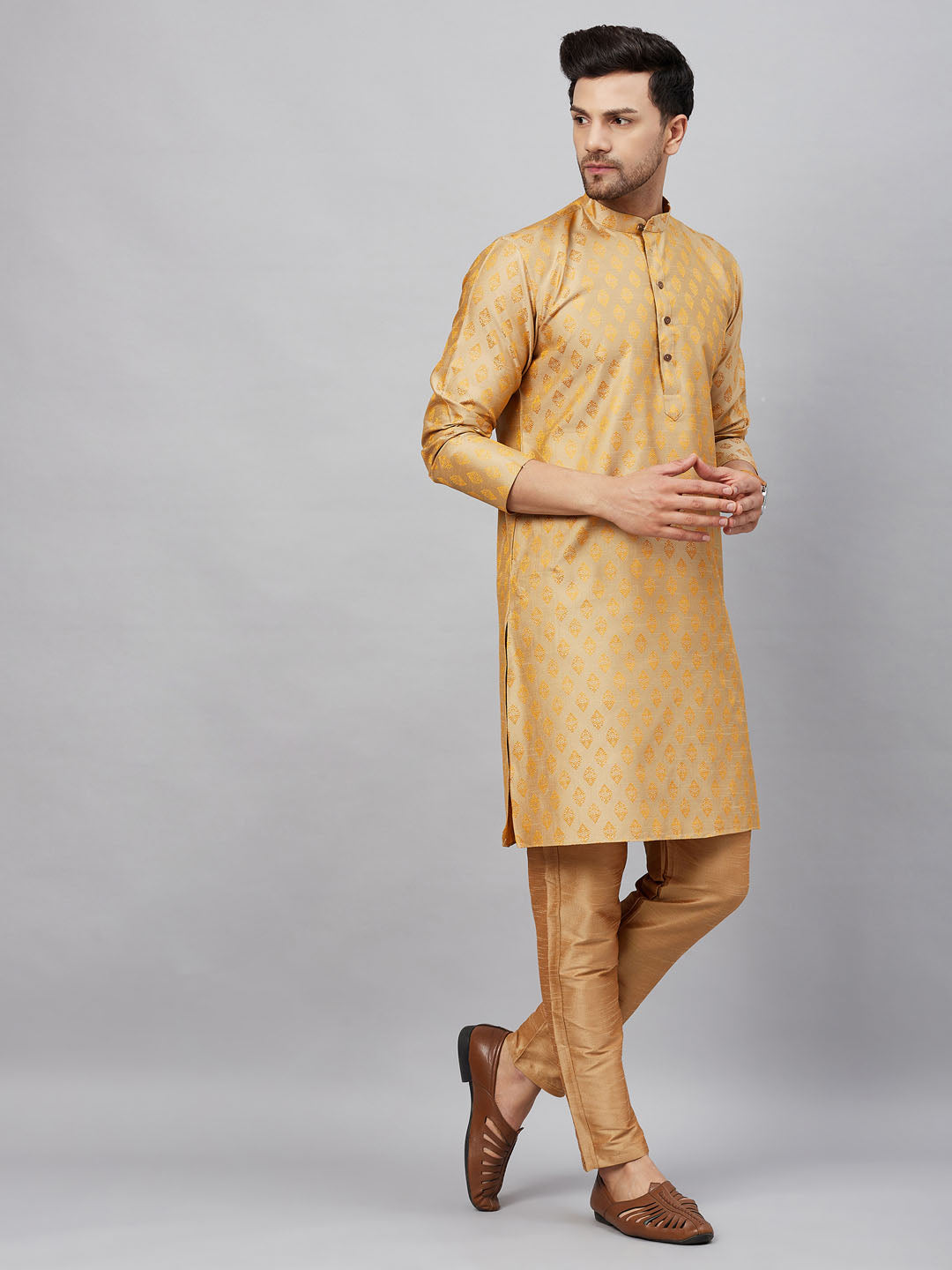 VM By VASTRAMAY Men's Beige and Rose Gold Woven Kurta Pant Set