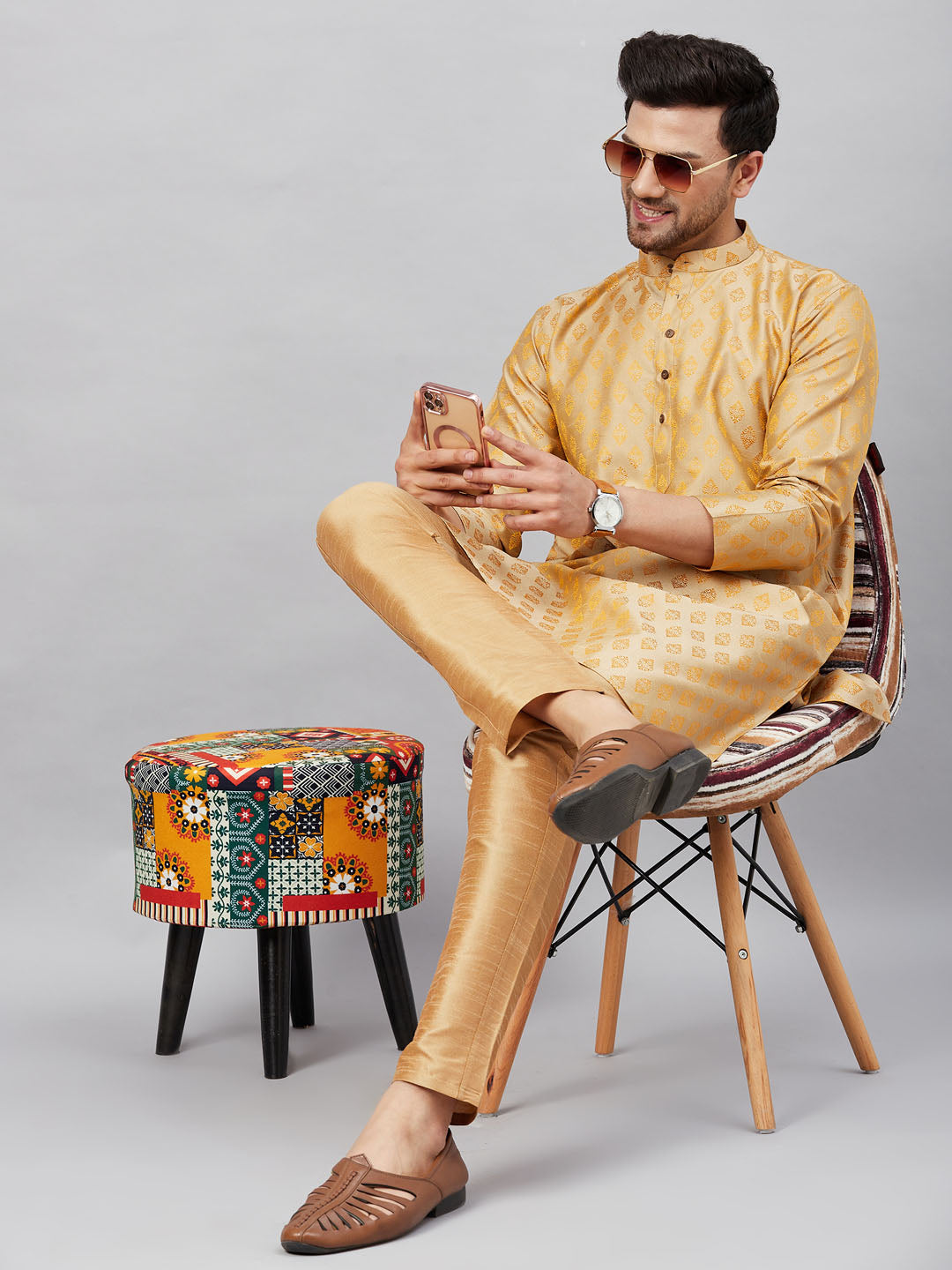 VM By VASTRAMAY Men's Beige and Rose Gold Woven Kurta Pant Set