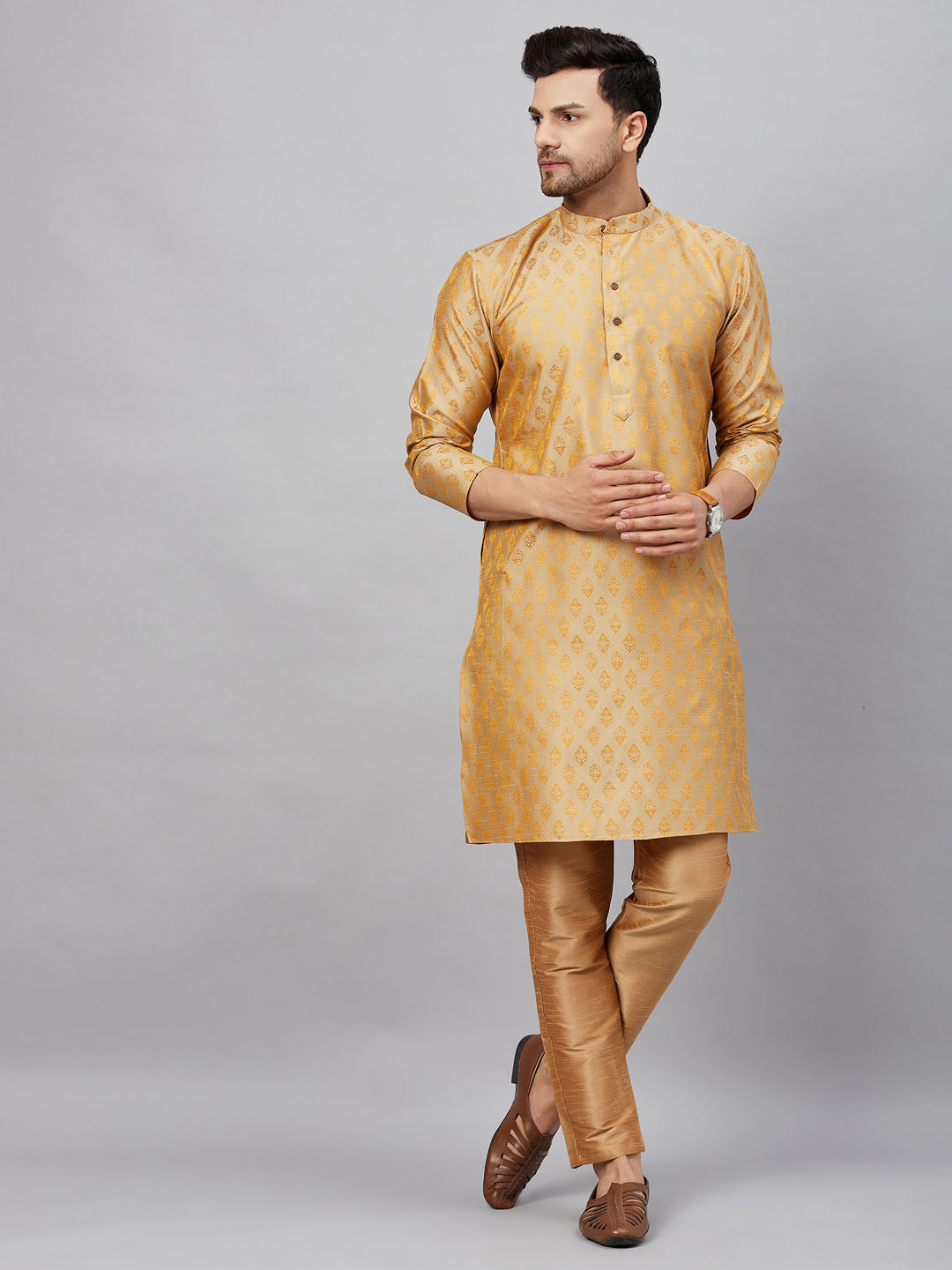 VM By VASTRAMAY Men's Beige and Rose Gold Woven Kurta Pant Set